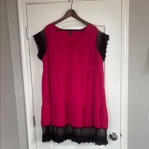 Hot Pink Sleeveless Dress with Black Lace Trim